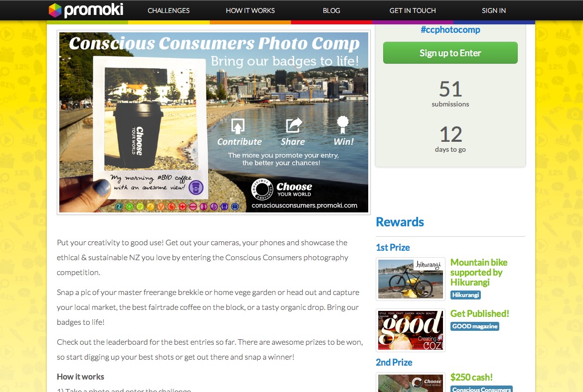 A live Promoki challenge page — Conscious Consumers Photo Comp, one of many crowd-fueled campaigns hosted on the platform.