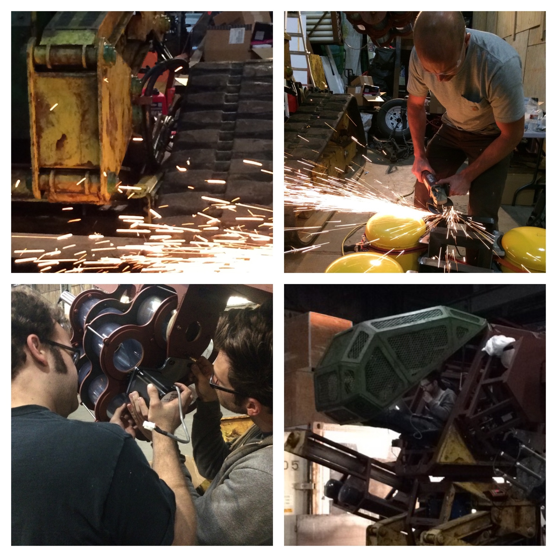Fabrication details — grinding, sparks, and pneumatic cannon assembly.