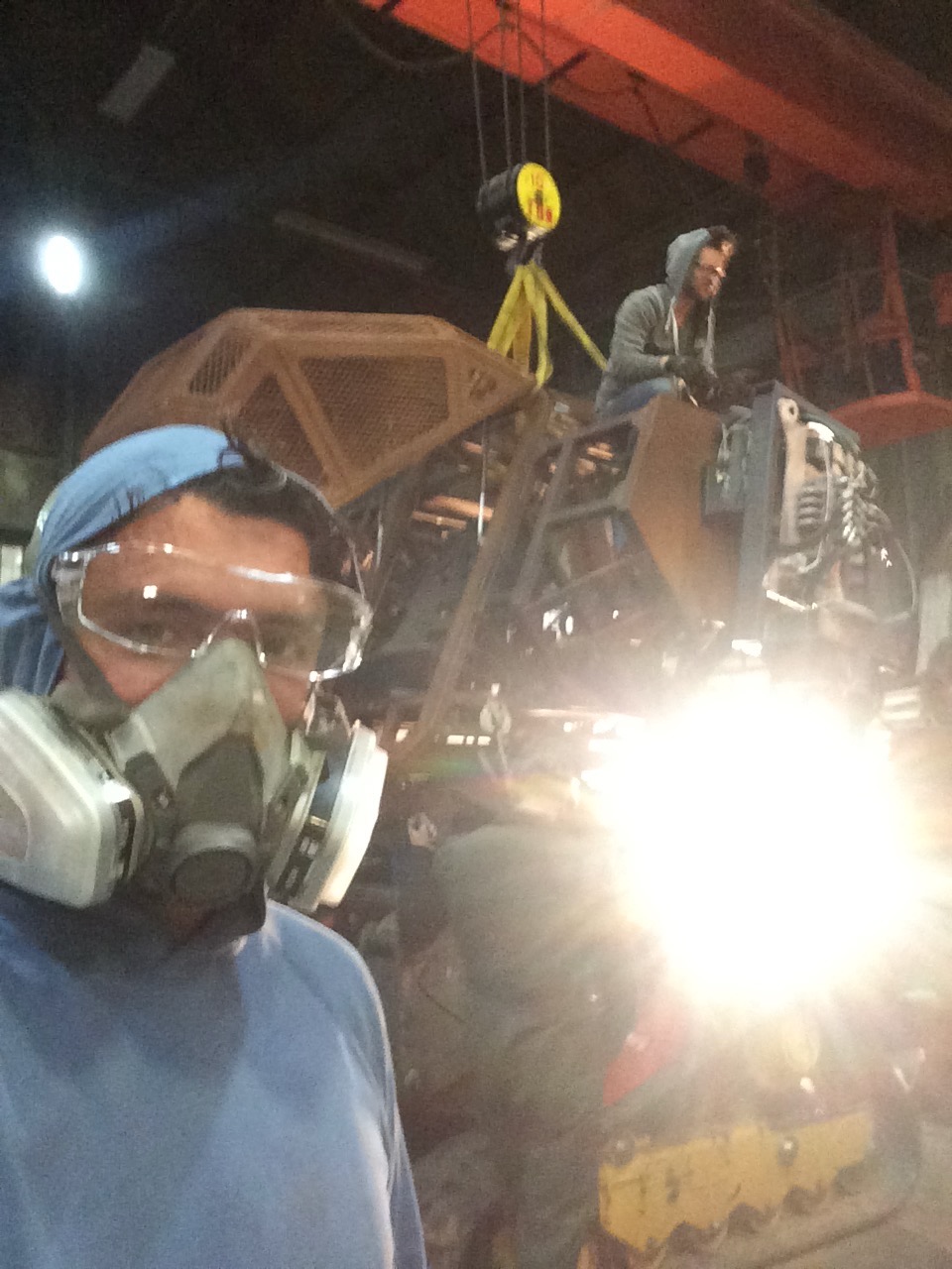 Respirator on, fabrication underway beneath the Mark II.