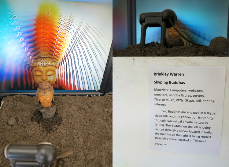 Skyping Buddhas — first iteration, 2012. Installation view with wall label.