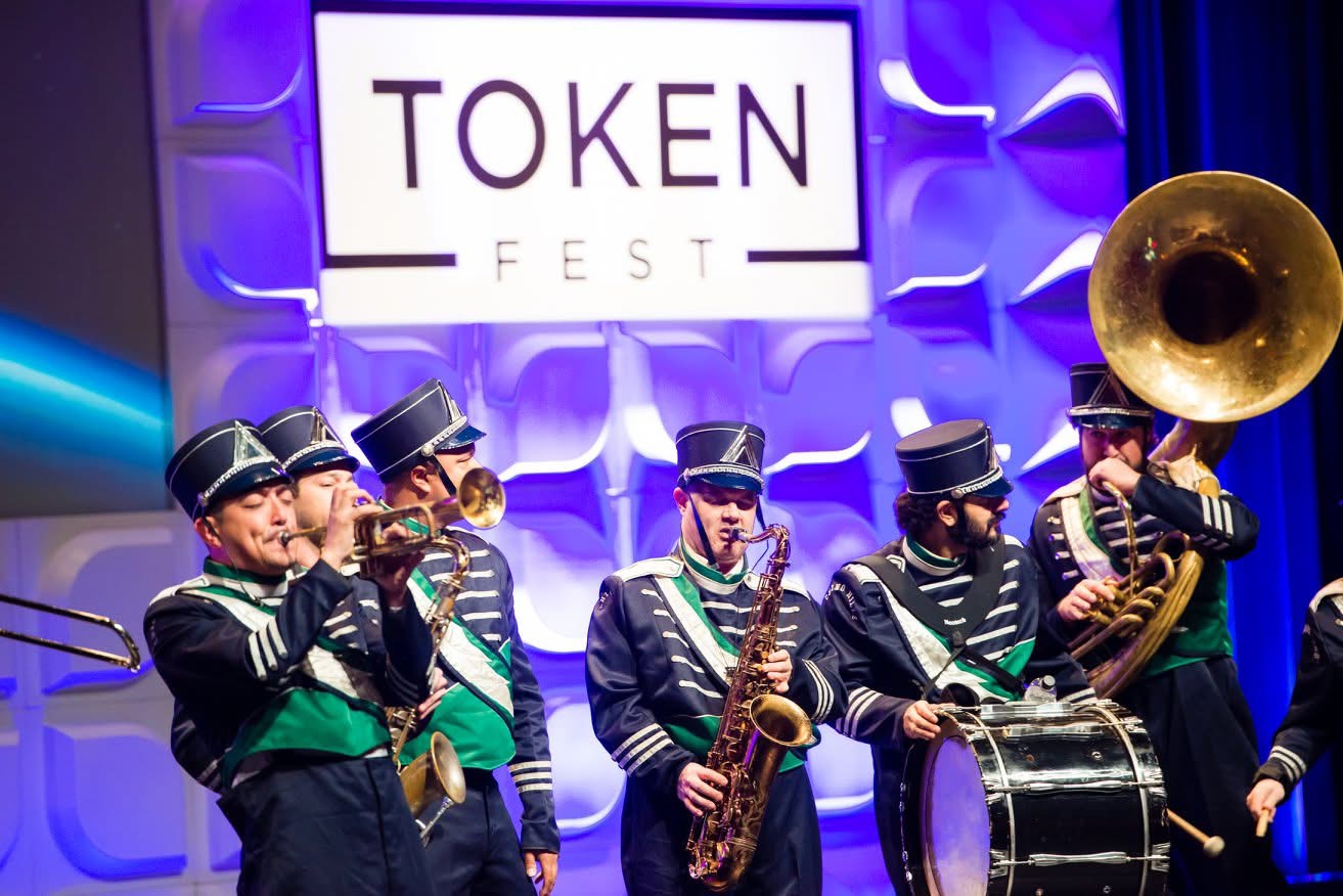 Marching band on the main stage.