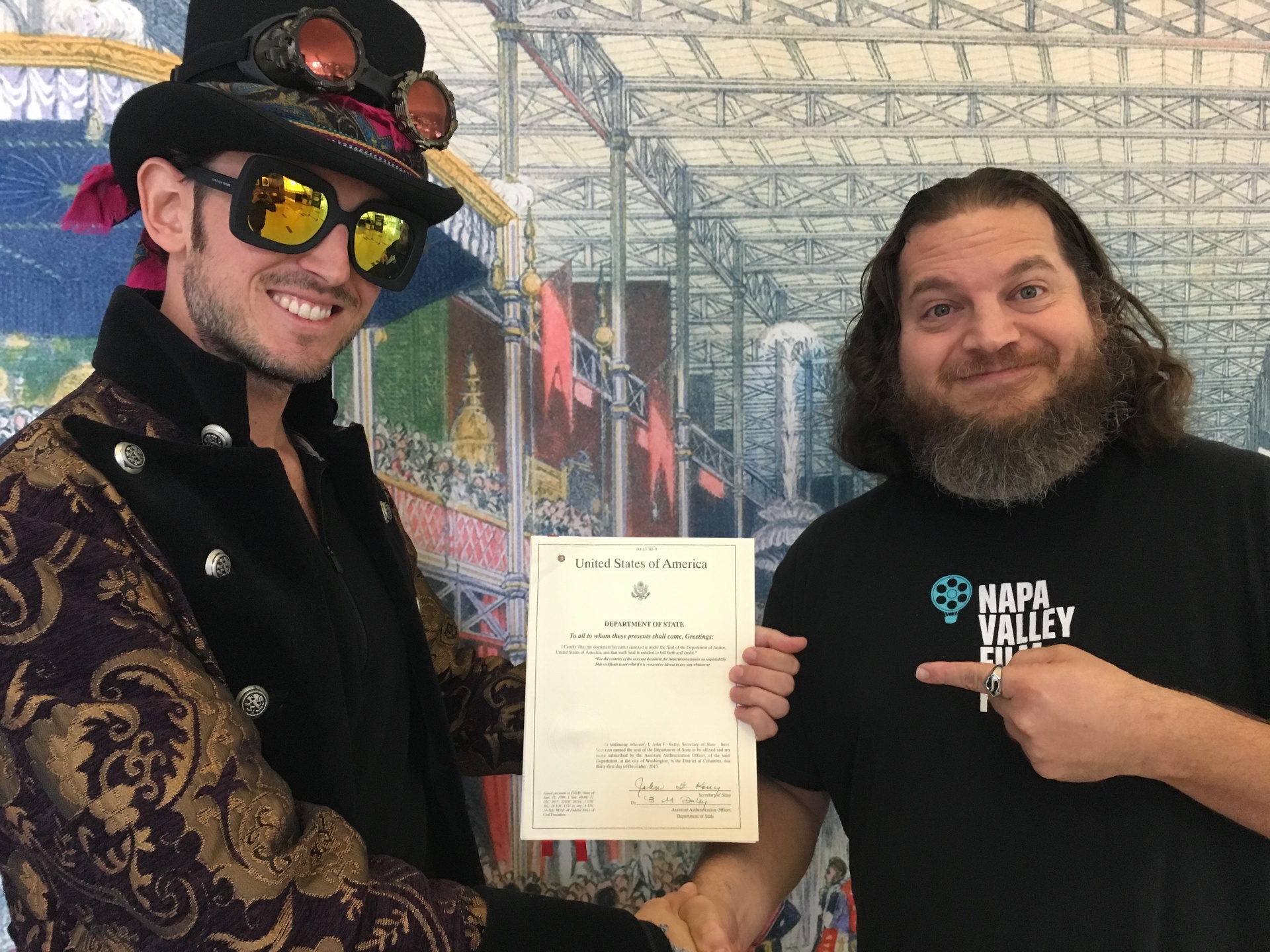 The Most Popular Artist returns from the future to deliver the Meta-Claim documentation to the curator of the Computer History Museum, Silicon Valley, 2016.